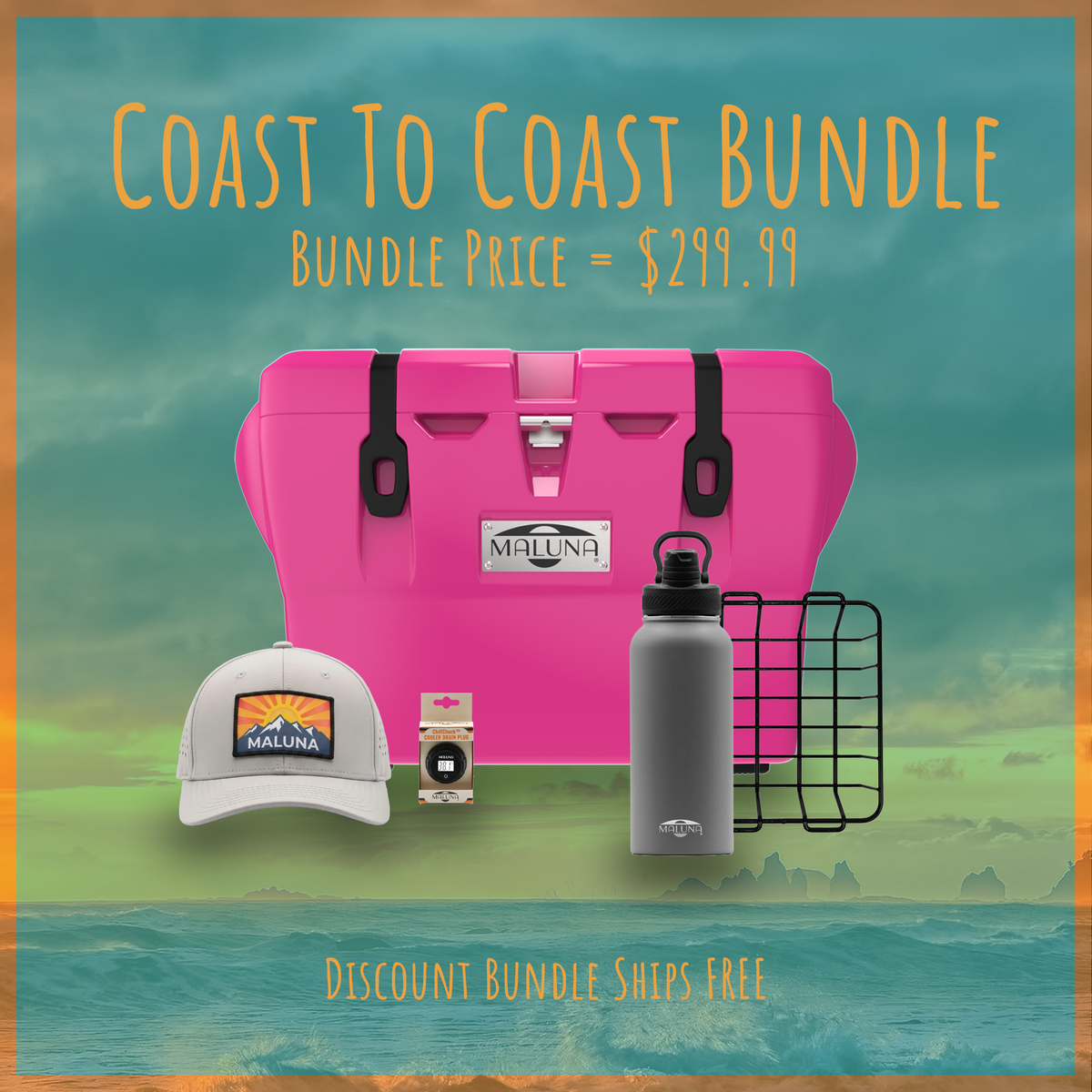 The Maluna Coolers Coast To Coast Bundle includes a 40QT pink cooler, grey water bottle, baseball cap, and black wire dry goods basket, priced at $299.99 with free shipping.