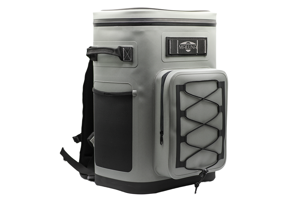 Gray Maluna Soft-sided Cooler Backpack with a front zipper pocket, black bungee cord webbing, and side mesh pockets.