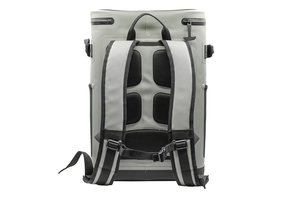 Back view of a gray, waterproof Maluna Soft-sided Cooler Backpack featuring adjustable padded shoulder straps and a sternum strap.