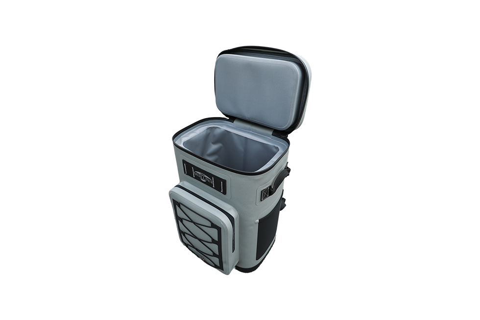 A grey Maluna Soft-sided Cooler Backpack with the lid open, revealing a grey insulated interior.