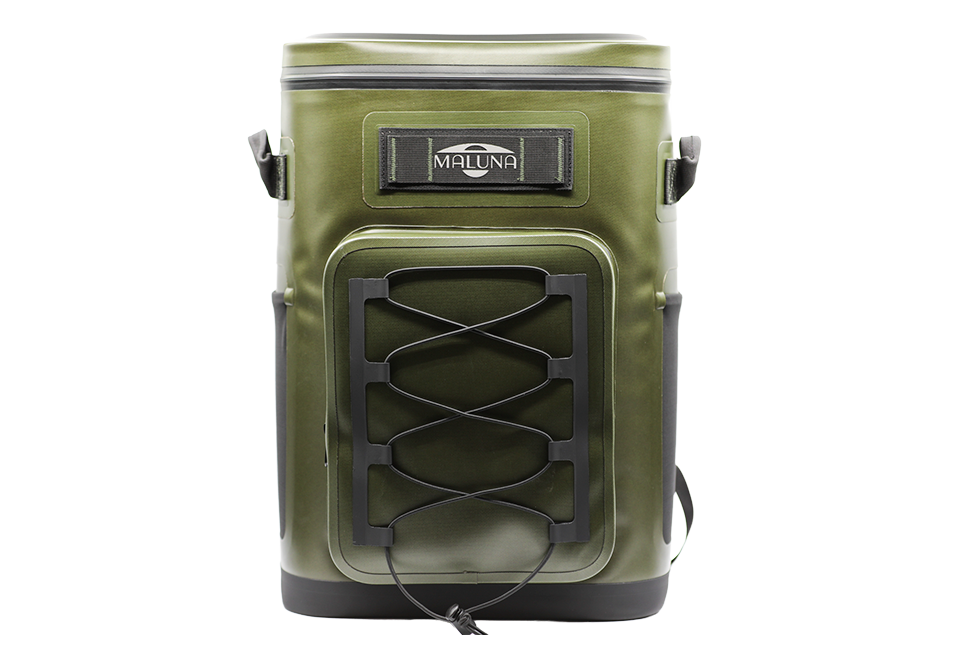 Olive green Maluna Soft-sided Cooler Backpack with a black bungee cord grid on the front and a zippered top closure.