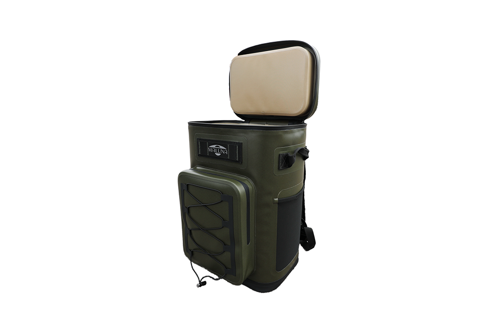 Maluna Soft-sided Cooler Backpack in olive green with an open lid, an external zippered pocket with bungee cord detailing, and side mesh pockets.