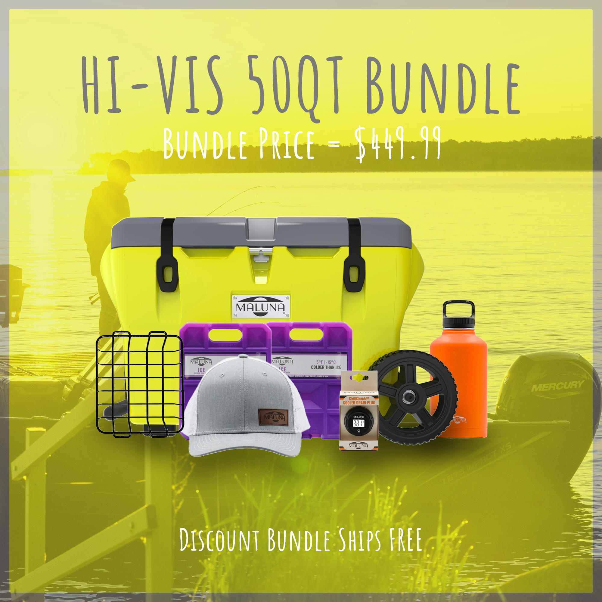 The HI-VIS 50QT Bundle, shown with a Hard Hat 50 Qt cooler, a Cool Gray 64oz bottle, two large freezer-temp ice packs, a ChillCheck™ Thermometer Drain Plug, a heather gray/white Maluna trucker cap, and a Maluna dry goods basket.
