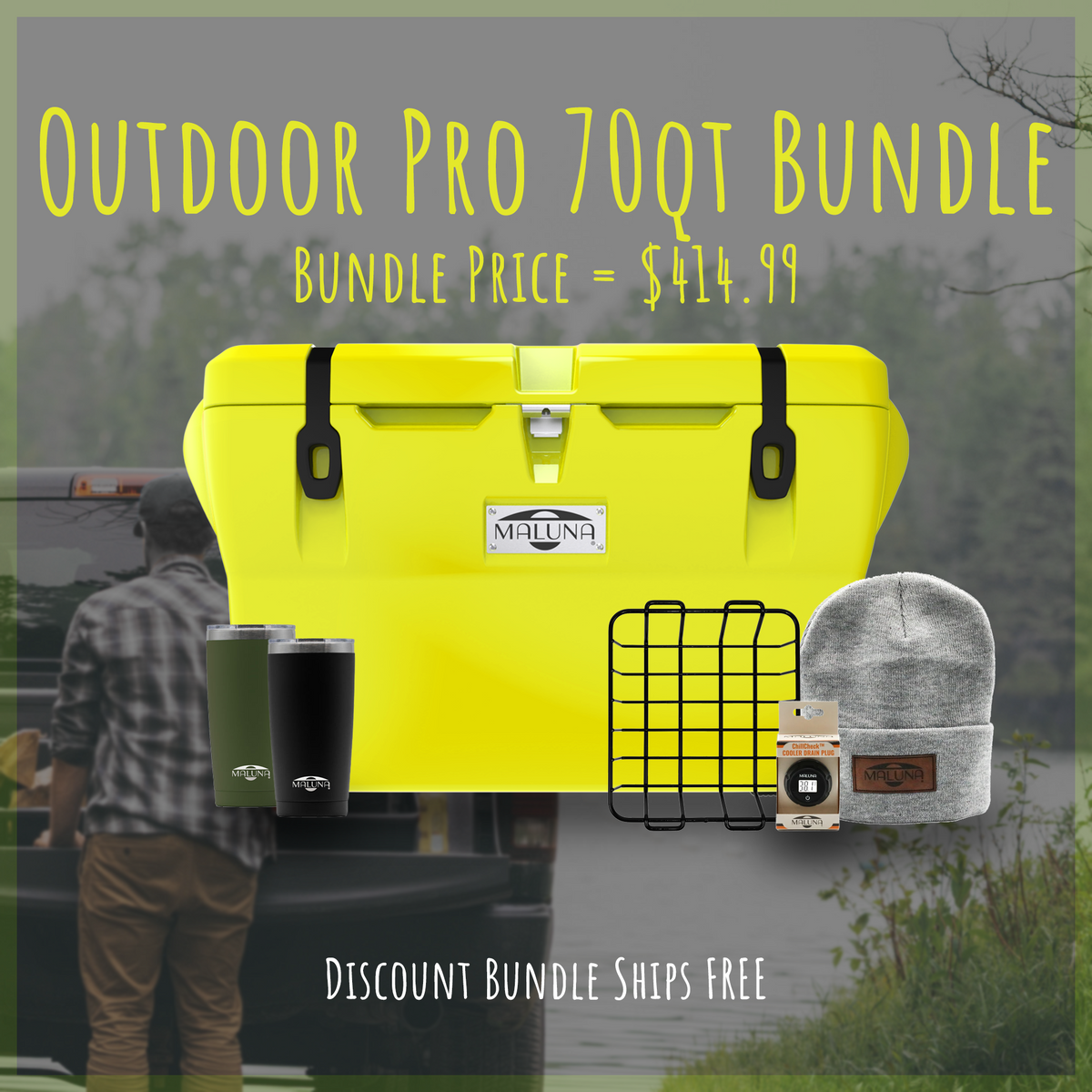 A yellow Maluna Coolers Outdoor Pro 70QT Bundle includes two insulated tumblers, a metal wire basket, a ChillCheck Thermometer Drain Plug, and a grey beanie with a leather patch, shown with product and price information overlay.