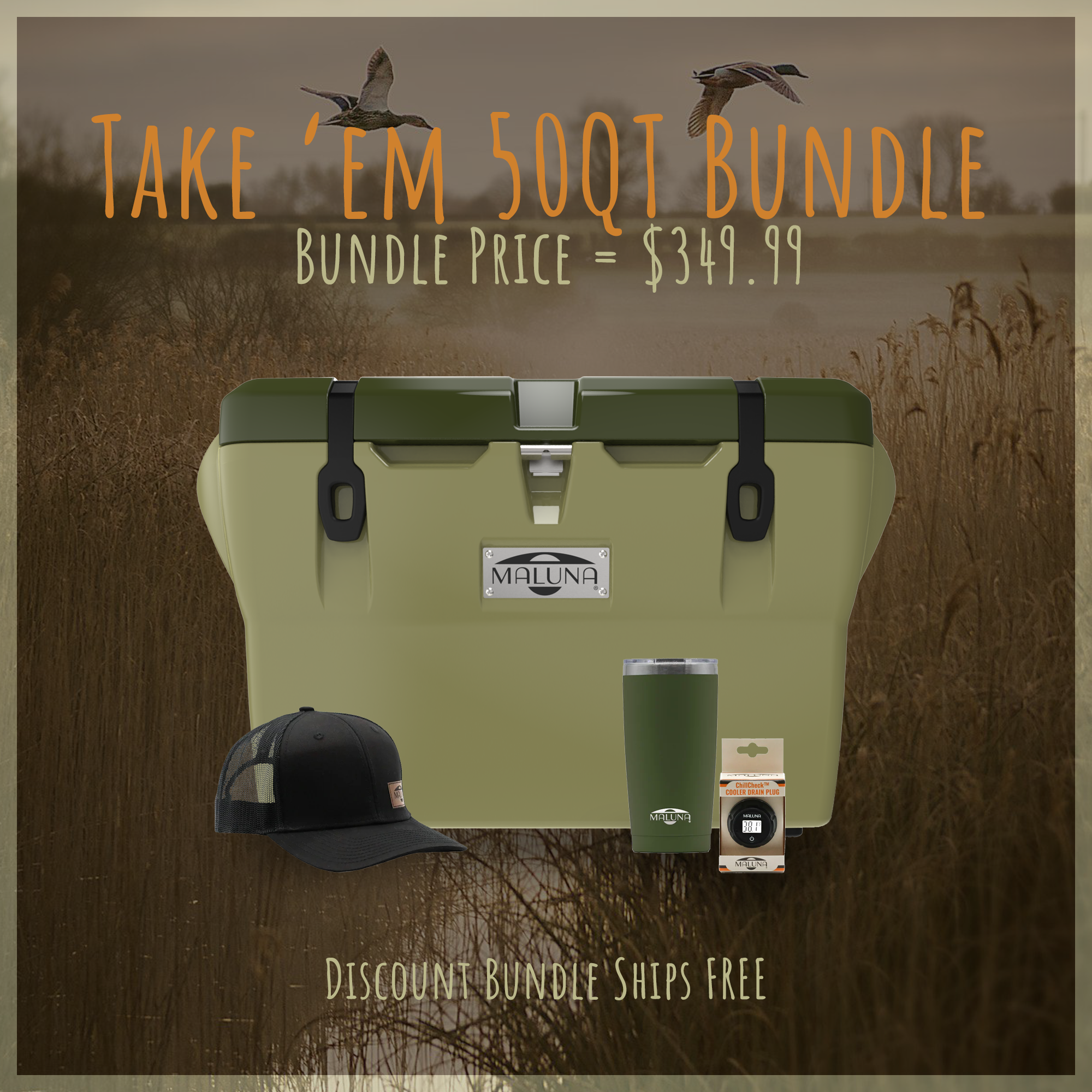 Step up your next adventure with the Take 'Em 50QT Bundle from Maluna Coolers! This bundle includes the Mallard 50QT Cooler featuring a ChillCheck Thermometer Drain Plug, an olive and black cap, a green 20oz tumbler, and a black cup—all for only $349.99. Enjoy free shipping on this discounted bundle. Perfect for mallard duck hunters with its marsh-inspired background!.