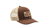 Maluna Snapback Trucker Cap - Game Locker Patch in brown and beige featuring a rectangular patch with silhouettes of a deer, duck, fish, and rabbit above the text American Wild Game Locker.