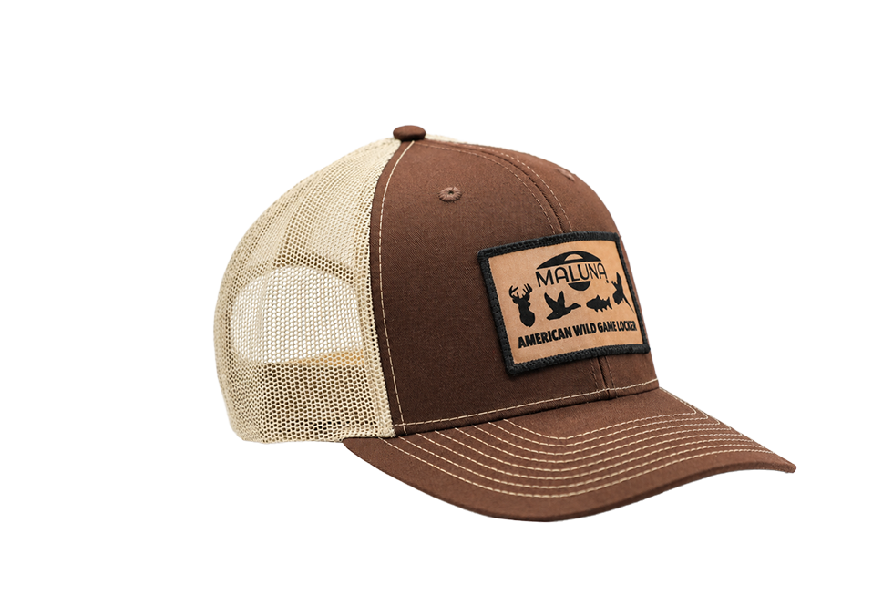 Maluna Snapback Trucker Cap - Game Locker Patch in brown and beige featuring a rectangular patch with silhouettes of a deer, duck, fish, and rabbit above the text American Wild Game Locker.