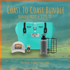 A Maluna Coolers Coast To Coast Bundle, featuring a turquoise 40QT cooler, gray mountain-logo baseball cap, ChillCheck thermometer drain plug, gray insulated water bottle, and wire basket on a beach, for $299.99 with free shipping.