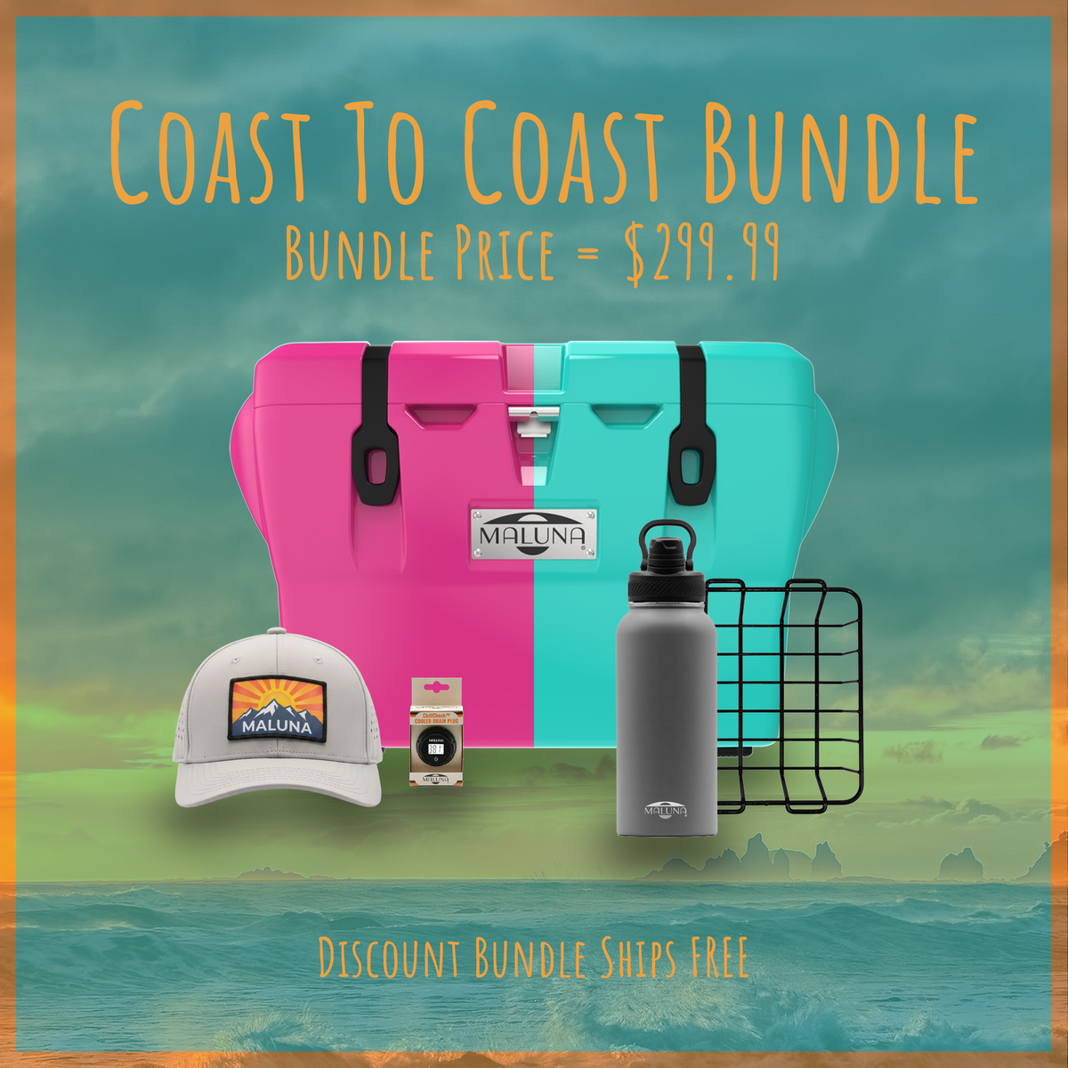 The Coast To Coast Bundle by Maluna Coolers includes a pink and teal 40QT cooler, grey baseball cap, water bottle, hardware part, and wire rack, priced at $299.99 with free shipping.