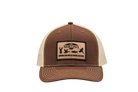 Maluna Snapback Trucker Cap - Game Locker Patch in brown and tan, featuring a patch with silhouettes of a deer, duck, and fish above the text American Wild Game Locker.