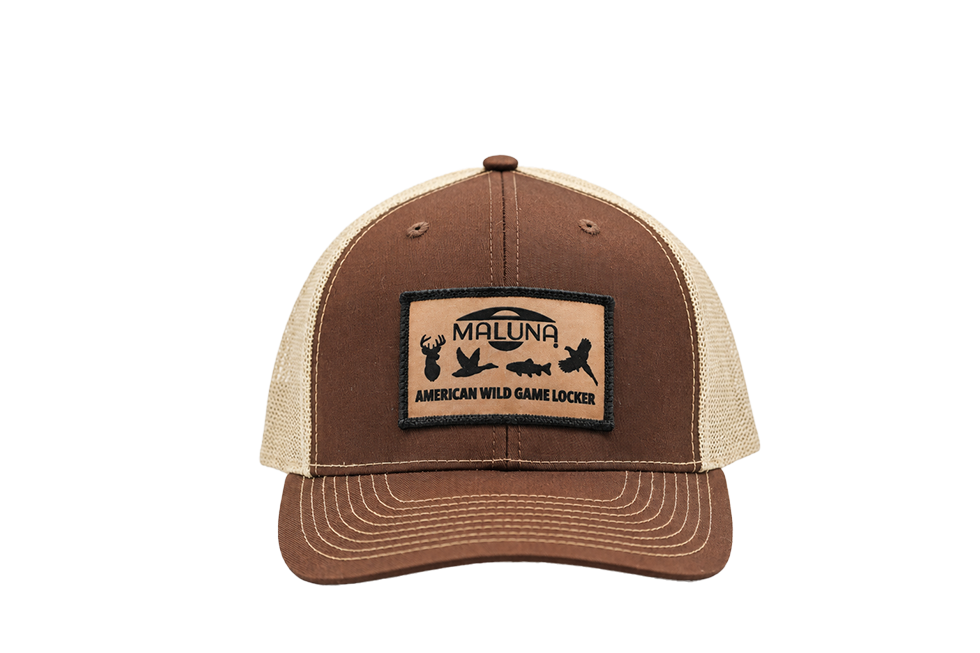 Maluna Snapback Trucker Cap - Game Locker Patch in brown and tan, featuring a patch with silhouettes of a deer, duck, and fish above the text American Wild Game Locker.