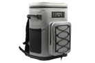 Gray Maluna Soft-sided Cooler Backpack with a front zipper pocket, black bungee cord webbing, and side mesh pockets.