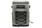 Grey Maluna Soft-sided Cooler Backpack featuring a black bungee cord storage grid on the front pocket and a branded label on the top.