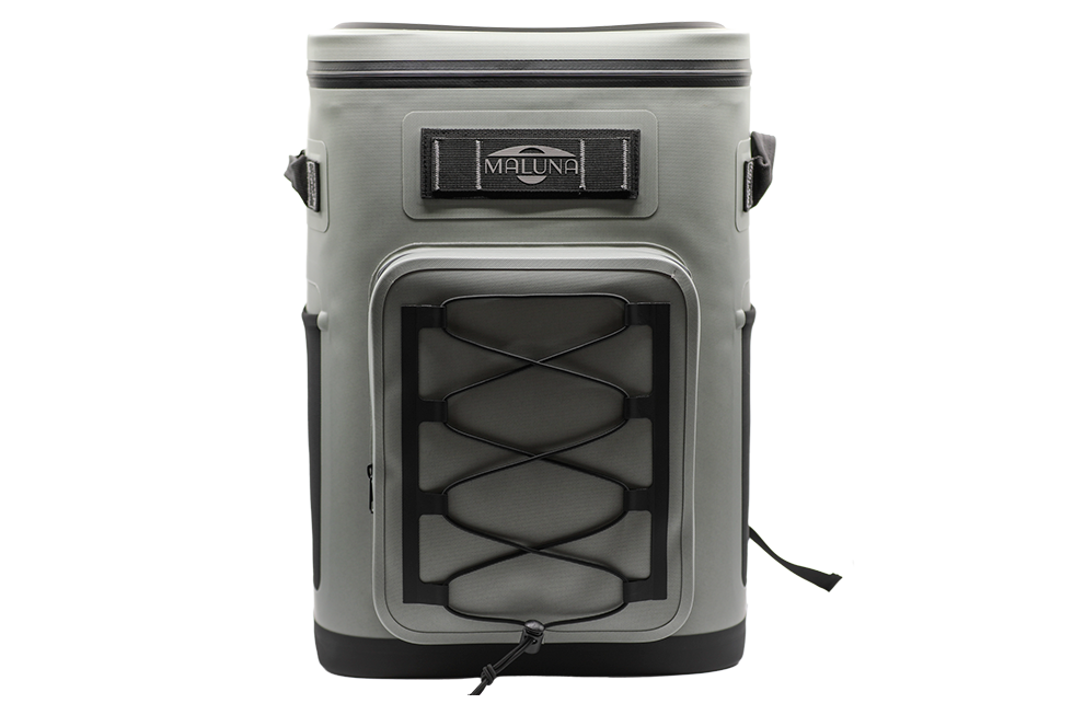 Grey Maluna Soft-sided Cooler Backpack featuring a black bungee cord storage grid on the front pocket and a branded label on the top.