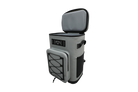 Gray Maluna Soft-sided Cooler Backpack with an open lid, a front pocket with bungee lacing, and side pockets.