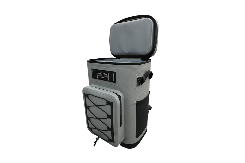 Gray Maluna Soft-sided Cooler Backpack with an open lid, a front pocket with bungee lacing, and side pockets.
