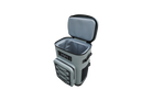 A grey Maluna Soft-sided Cooler Backpack with the lid open, revealing a grey insulated interior.