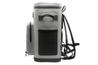 Side view of a gray Maluna Soft-sided Cooler Backpack featuring a top handle, side storage pocket, and adjustable shoulder straps.