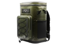 Maluna Soft-sided Cooler Backpack in olive green featuring a front storage pocket, bungee cord webbing, and a top carrying handle.