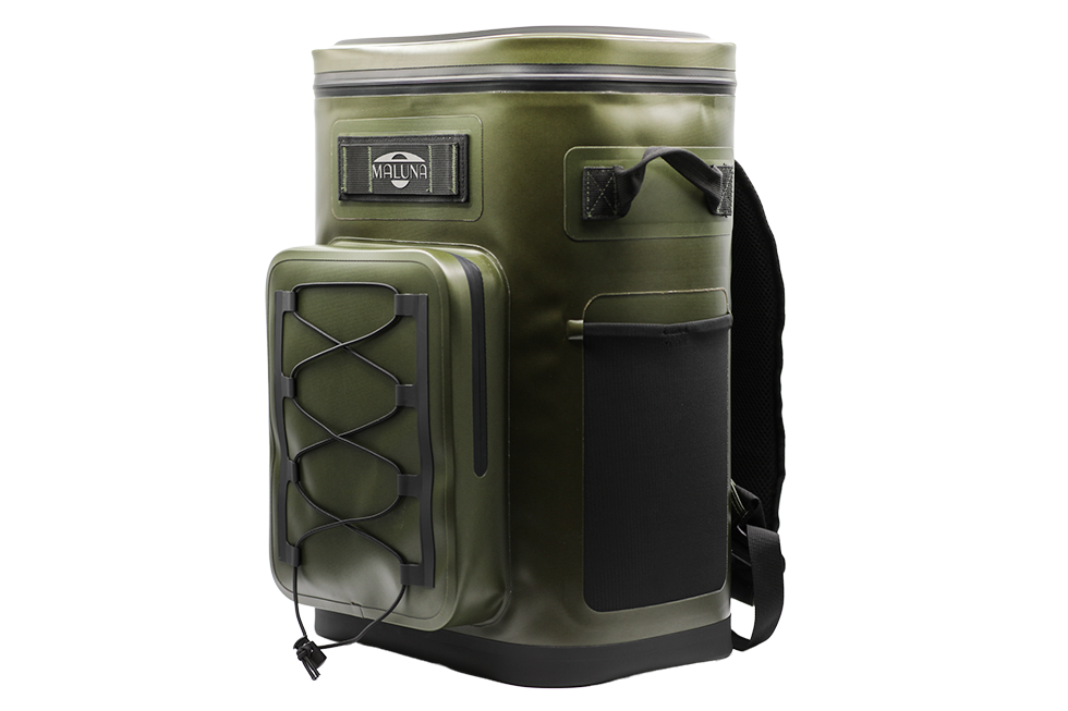 Maluna Soft-sided Cooler Backpack in olive green featuring a front storage pocket, bungee cord webbing, and a top carrying handle.