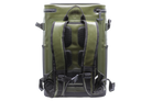 Back view of an olive green Maluna Soft-sided Cooler Backpack, showing padded shoulder straps and a sternum strap.