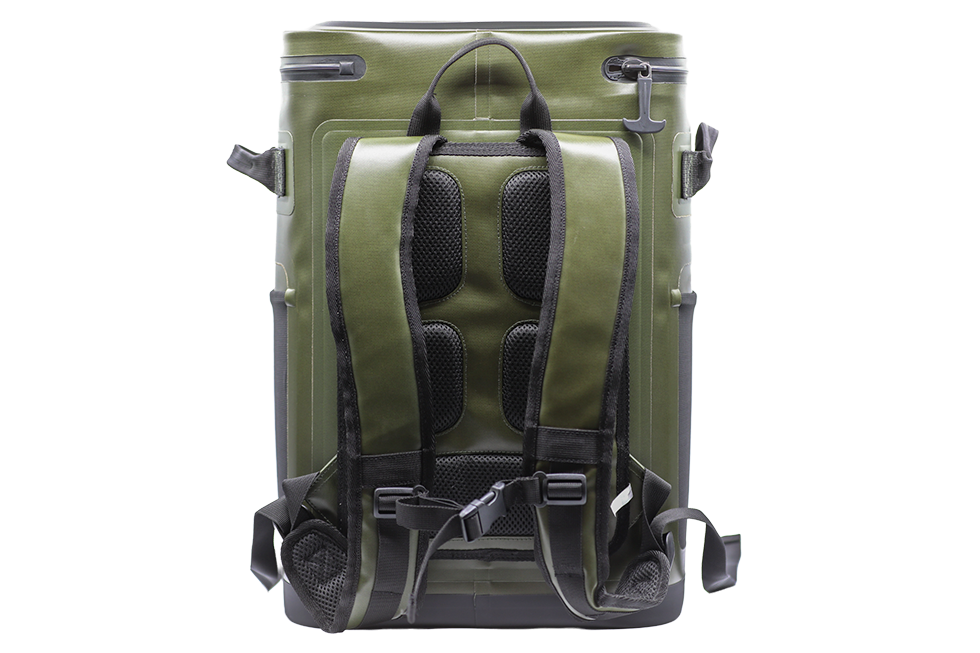 Back view of an olive green Maluna Soft-sided Cooler Backpack, showing padded shoulder straps and a sternum strap.