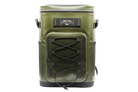 Olive green Maluna Soft-sided Cooler Backpack with a black bungee cord grid on the front and a zippered top closure.