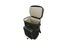 Olive green Maluna Soft-sided Cooler Backpack with an open lid, revealing an insulated light-colored interior.