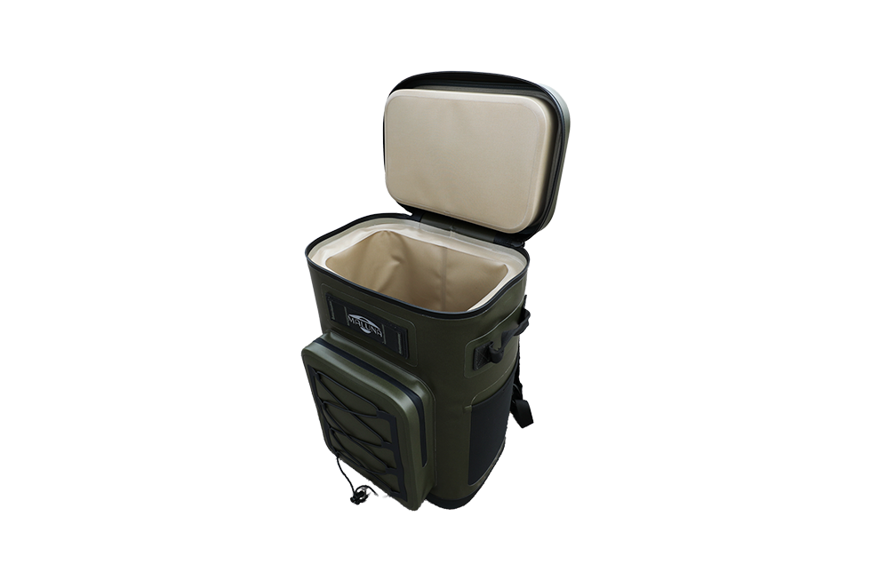 Olive green Maluna Soft-sided Cooler Backpack with an open lid, revealing an insulated light-colored interior.