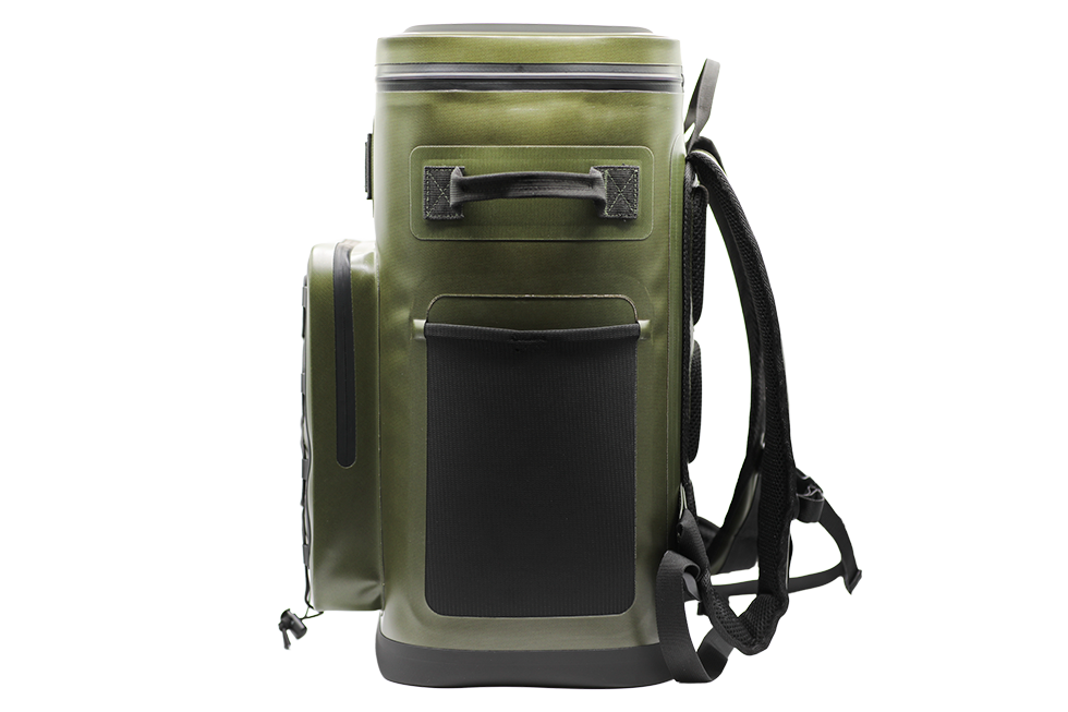 Olive green Maluna Soft-sided Cooler Backpack with shoulder straps, a top handle, and a large front pocket.