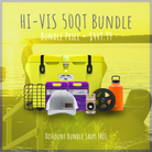 The HI-VIS 50QT Bundle, shown with a hi-vis yellow 50 Qt cooler, a Cool Gray 64oz bottle, two large freezer-temp ice packs, a ChillCheck™ Thermometer Drain Plug, a heather gray/white Maluna trucker cap, and a Maluna dry goods basket.