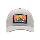 The Maluna "Rise Above" Snapback is a light gray baseball cap featuring a rectangular patch with mountains, a sunrise, and the word MALUNA on the front, effortlessly blending comfort and style for any outdoor adventure.