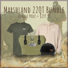 Introducing the Marshland 22QT Bundle from Maluna Coolers | EUFOURIC BRANDS—featuring a Desert Tan 22QT cooler, gray tee, beige Maluna hoodie, and classic black Maluna trucker hat. Priced at $219.99 with free shipping included. Perfect for your next adventure, highlighted against a blurred outdoor backdrop with a camo-clad explorer.