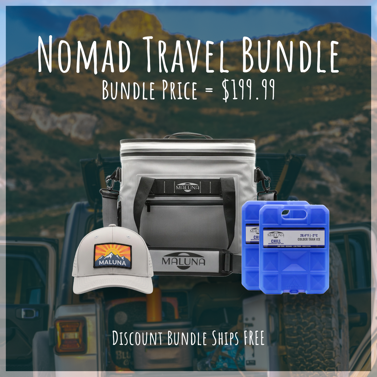 The Nomad Travel Bundle includes a grey Maluna soft-sided cooler, a grey baseball cap with a mountain logo, and two refrigerator temp ice packs, priced at $199.99 with free shipping.