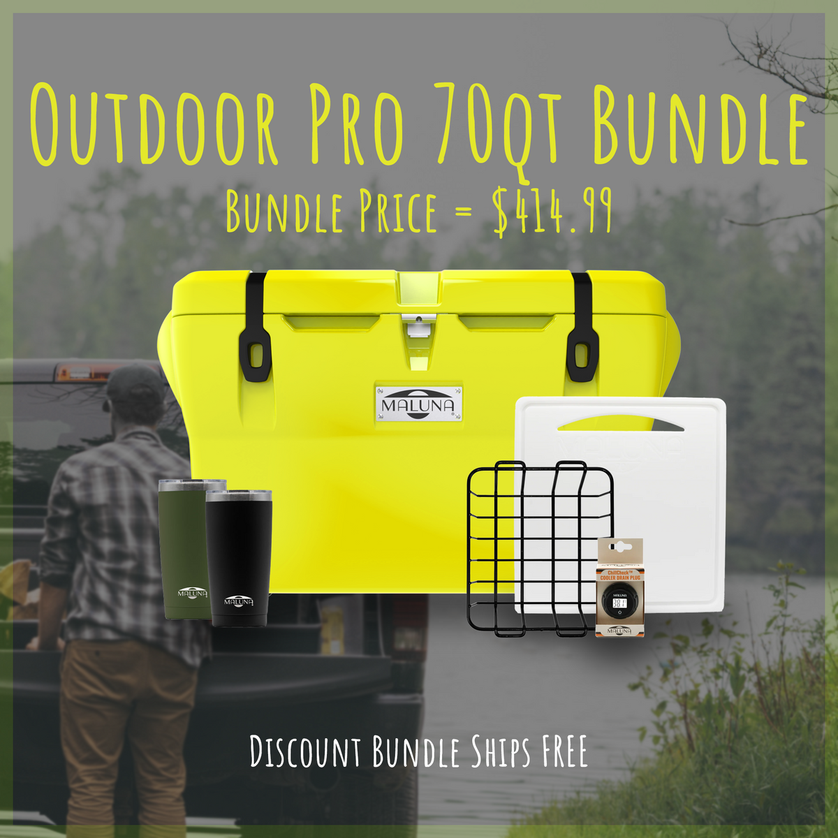 A vivid yellow Maluna Coolers Outdoor Pro 70QT Bundle—including two tumblers, wire basket, divider, and cutting board—is shown by a lakeside forest. The ad highlights the Outdoor Pro 70QT Bundle with ChillCheck Thermometer Drain Plug for $414.99 and free shipping.