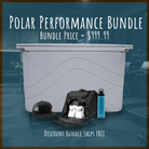 The Polar Performance Bundle by Maluna Coolers is the ultimate preset package for recovery and wellness, featuring a spacious tub ideal for cold plunges, a sleek black cap, a duffel bag with towels, and a blue water bottle. Priced at $999.99 with free shipping, this bundle is designed to elevate any gym setup—much like the Maluna 400QT Cold Plunge seen in the background.