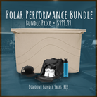 A large beige Maluna Coolers 400QT Cold Plunge tub is positioned behind a duffel bag, shoes, a blue water bottle, and a black cap. Text reads: Polar Performance Bundle. Bundle price: $999.99 with free shipping on this discounted set. Gym equipment is visible in the background, emphasizing this premium Maluna Coolers cold plunge bundle designed for recovery enthusiasts.