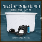 The Polar Performance Bundle by Maluna Coolers includes a large white tub with a black cap, a black duffel bag filled with white towels, and a blue water bottle. This preset bundle features the Maluna 400QT Cold Plunge and is priced at $999.99 with free shipping. Gym equipment appears in the background of the image.