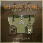 A 50-quart olive green Take ’Em 50QT Bundle, including a Maluna Max-7 Camo Beanie, matching tumbler, black wire rack, and drain plug against a marsh background, with text showing the $369.99 price.