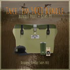 Step up your next adventure with the Take 'Em 50QT Bundle from Maluna Coolers! This bundle includes the Mallard 50QT Cooler featuring a ChillCheck Thermometer Drain Plug, an olive and black cap, a green 20oz tumbler, and a black cup—all for only $349.99. Enjoy free shipping on this discounted bundle. Perfect for mallard duck hunters with its marsh-inspired background!.